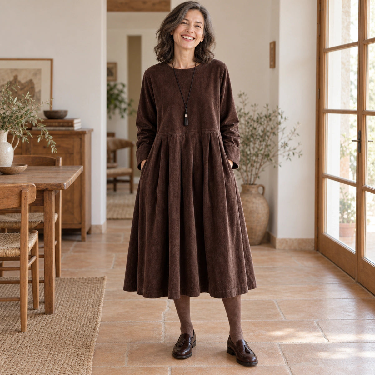 fall dress — Harper Brown complete front view, worn by a joyful smiling adult model age 52 in real setting — view 2