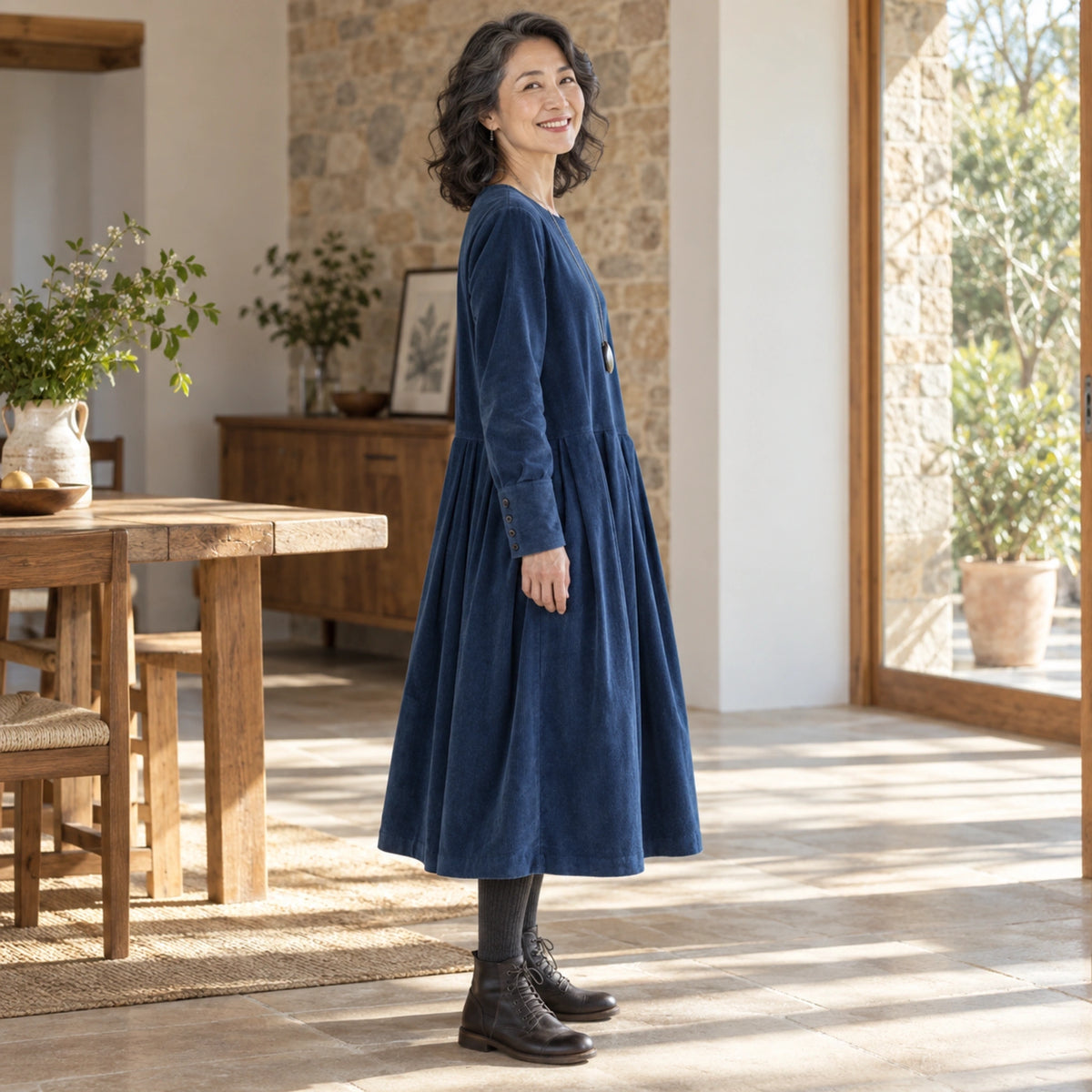fall dress — Harper Blue side worn by an adult model in a realistic setting, complete garment visible — view 3