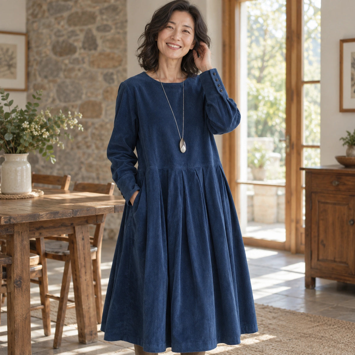 fall dress — Harper Blue neckline detail worn by an adult model in a realistic setting — view 4