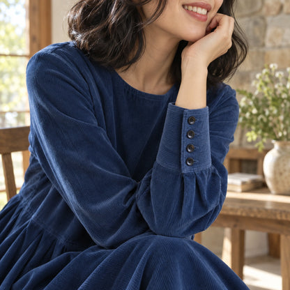 fall dress — Harper Blue construction detail worn by an adult model in a realistic setting — view 5