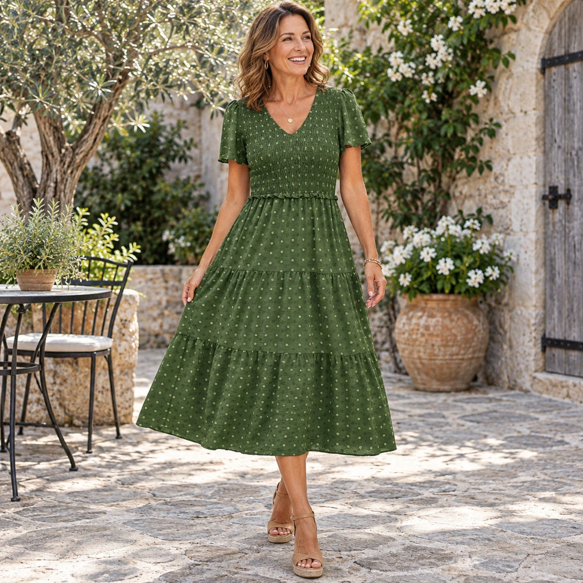 fall dress — Luna Smocked Flutter Sleeve Tiered Midi Dress Army Green construction detail worn by an adult model in — view 8