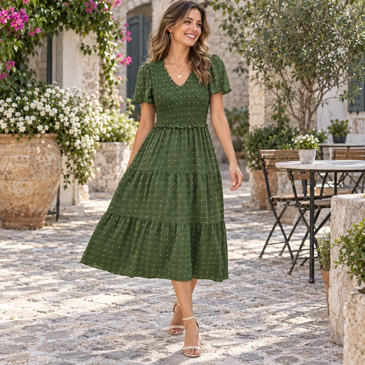 fall dress — Luna Smocked Flutter Sleeve Tiered Midi Dress Army Green worn by an adult model in a realistic setting — view 9
