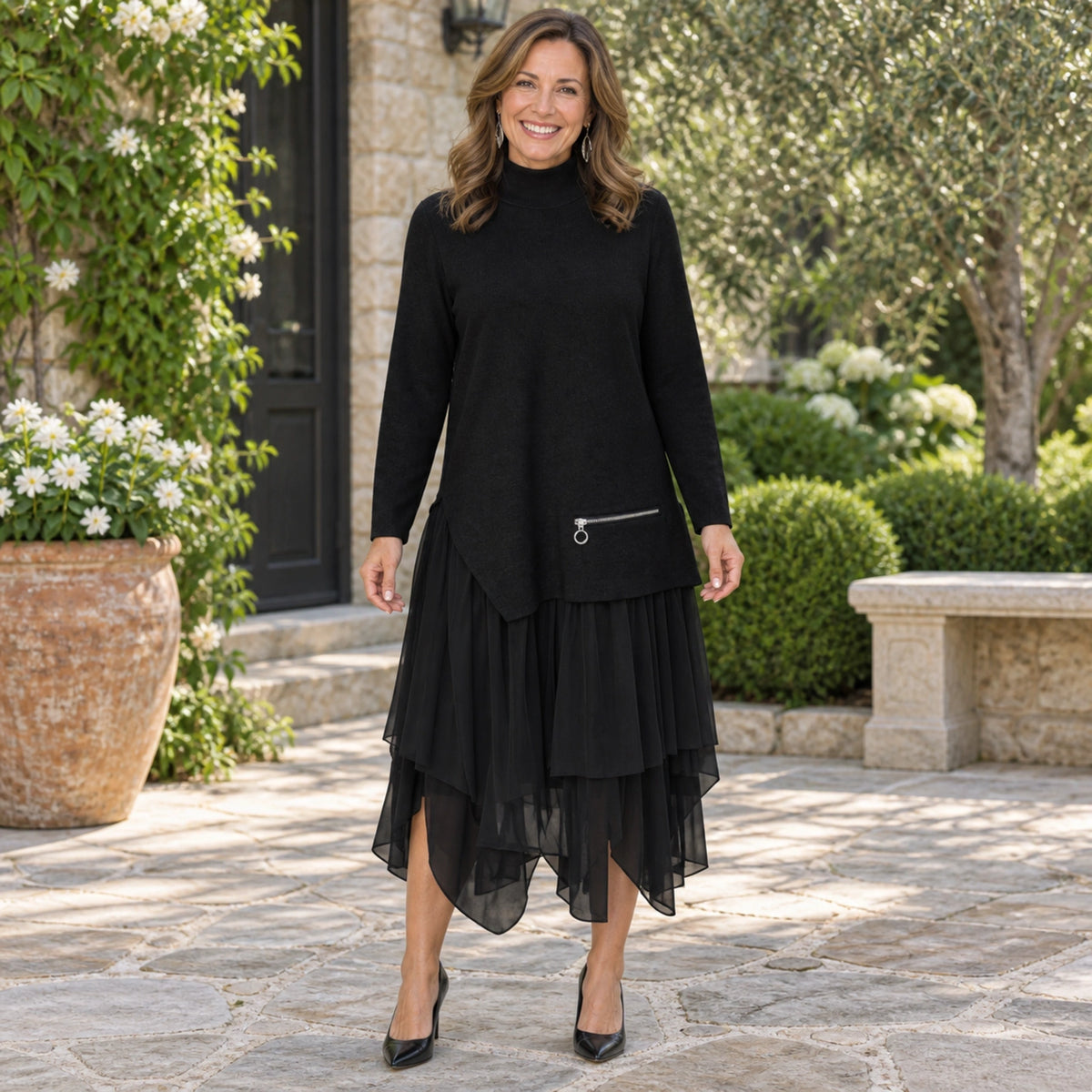 fall dress — Olivia High Neck Knit and Layered Mesh Midi Dress Black front worn by an adult model in a realistic setting
