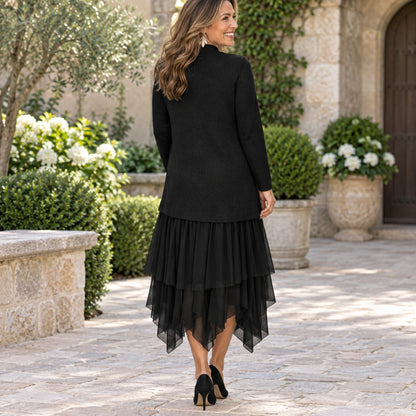 fall dress — Olivia High Neck Knit and Layered Mesh Midi Dress Black back worn by an adult model in a realistic — view 4