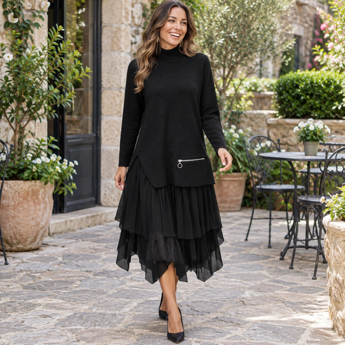 fall dress — Olivia High Neck Knit and Layered Mesh Midi Dress Black worn by an adult model in a realistic setting — view 7