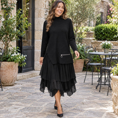 fall dress — Olivia High Neck Knit and Layered Mesh Midi Dress Black worn by an adult model in a realistic setting — view 7