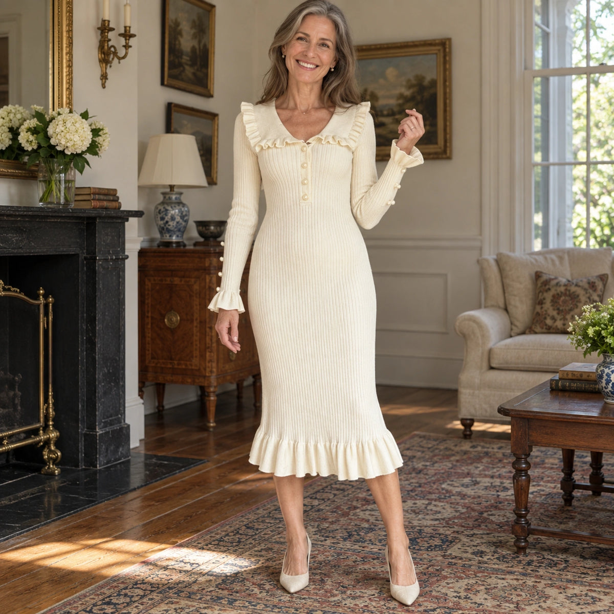 fall dress — Ivory Ruffle Midi dress, complete garment support view showing sleeve buttons and ruffled cuff on a — view 8