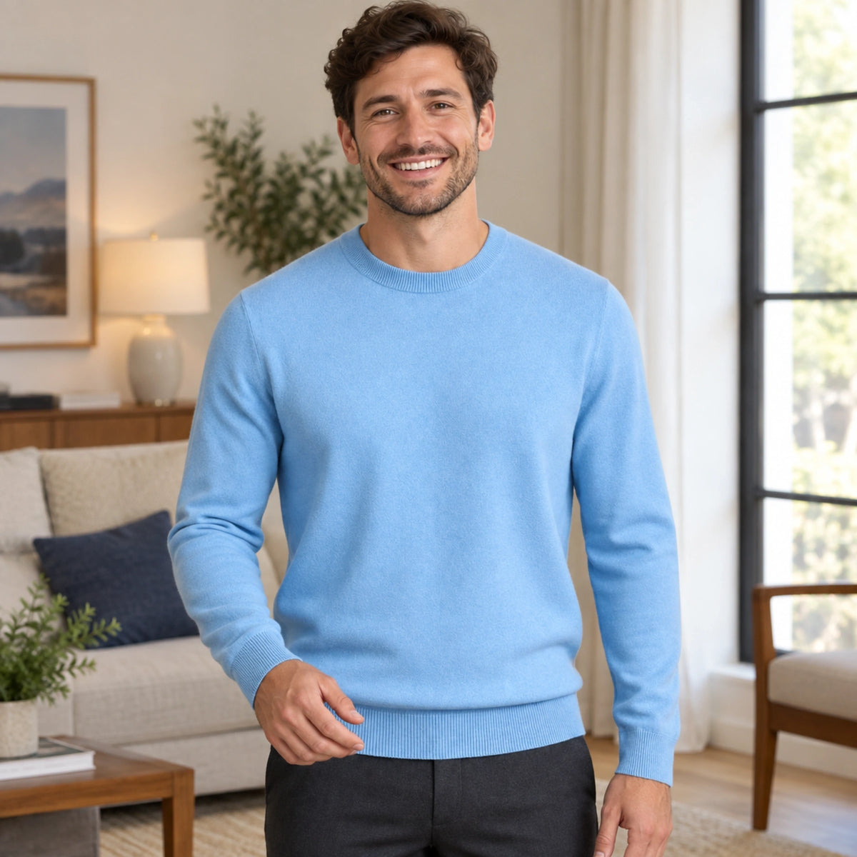 fall sweater — Alexander Classic Crewneck Knit Sweater Light Blue construction detail worn by an adult model in a — view 10