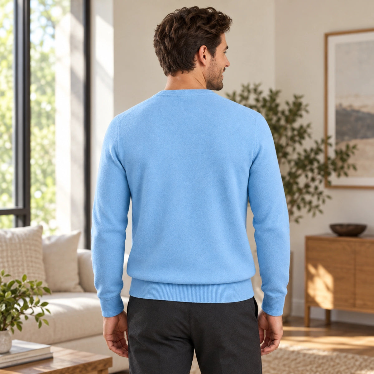 fall sweater — Alexander Classic Crewneck Knit Sweater Light Blue back worn by an adult model in a realistic — view 12