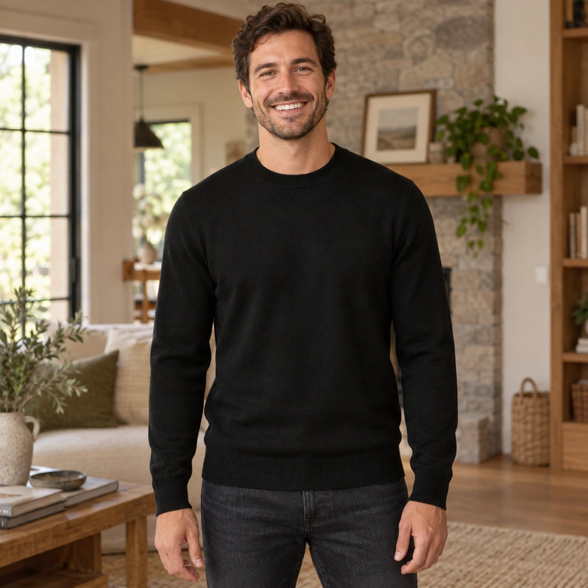 fall sweater — Alexander Classic Crewneck Knit Sweater Black front worn by an adult model in a realistic setting — view 3