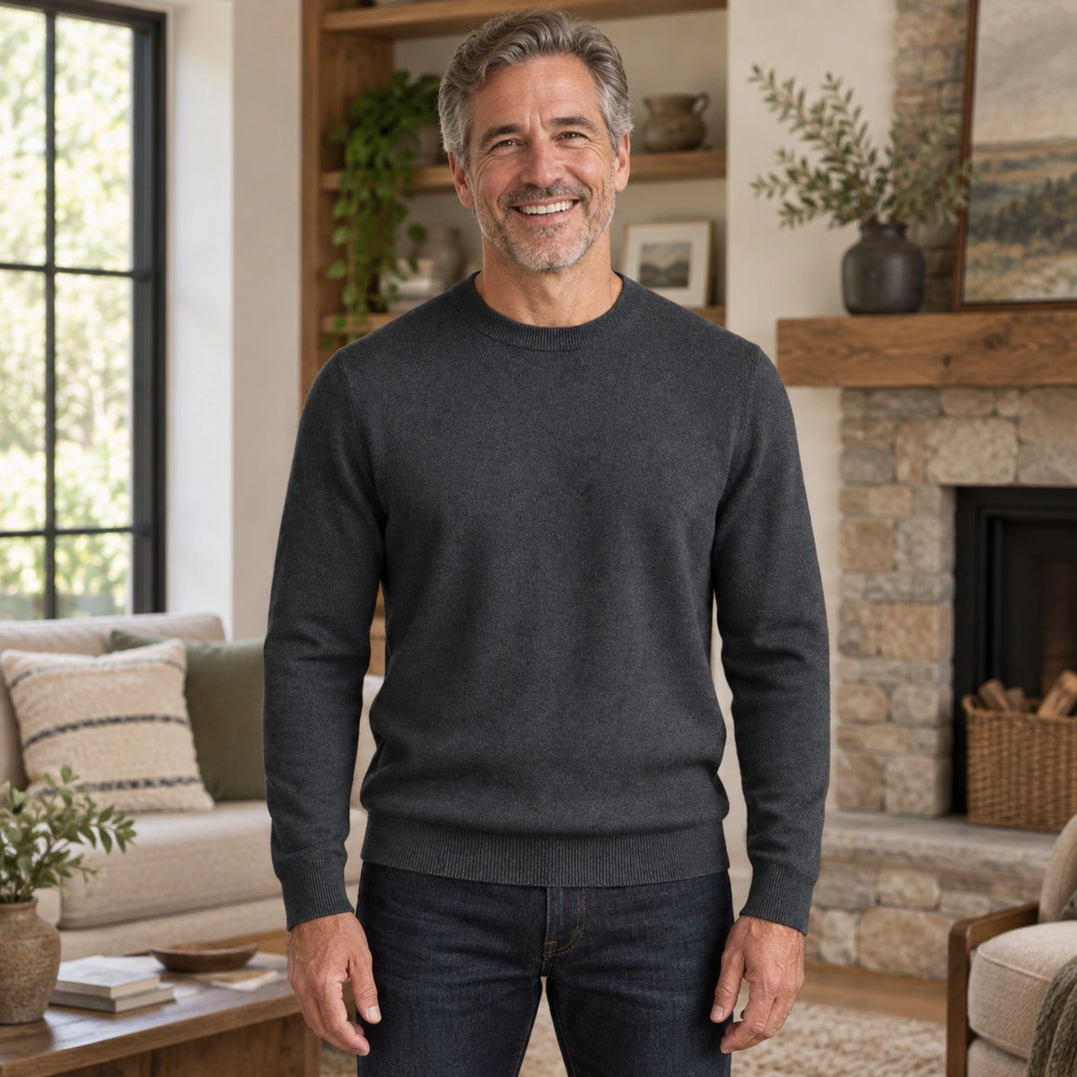 fall sweater — Alexander Classic Crewneck Knit Sweater Dark Gray front worn by an adult model in a realistic — view 4