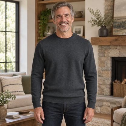 fall sweater — Alexander Classic Crewneck Knit Sweater Dark Gray front worn by an adult model in a realistic — view 4