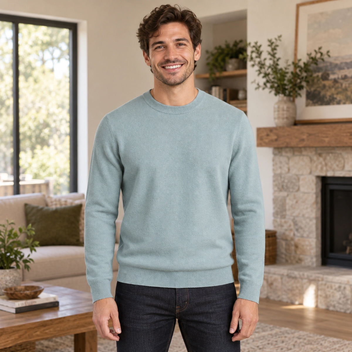 fall sweater — Alexander Classic Crewneck Knit Sweater Green front worn by an adult model in a realistic setting — view 5