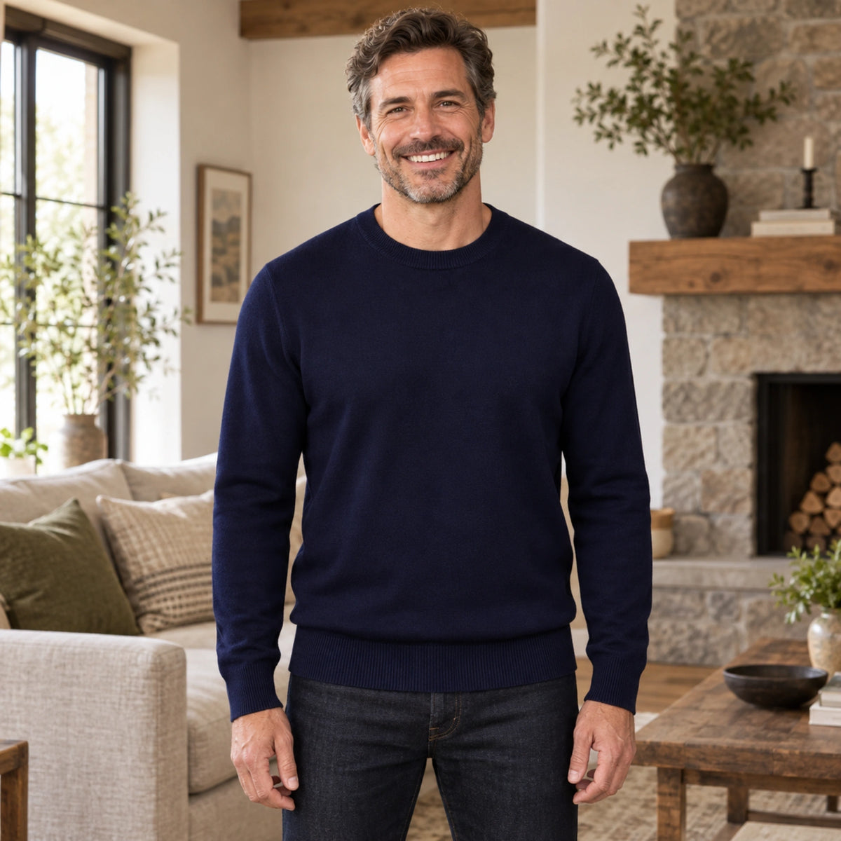 fall sweater — Alexander Classic Crewneck Knit Sweater Dark Blue front worn by an adult model in a realistic — view 6