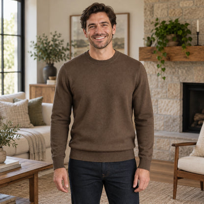 fall sweater — Alexander Classic Crewneck Knit Sweater Brown front worn by an adult model in a realistic setting — view 7