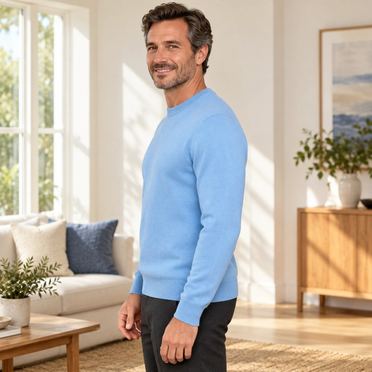 fall sweater — Alexander Classic Crewneck Knit Sweater Light Blue side worn by an adult model in a realistic — view 8