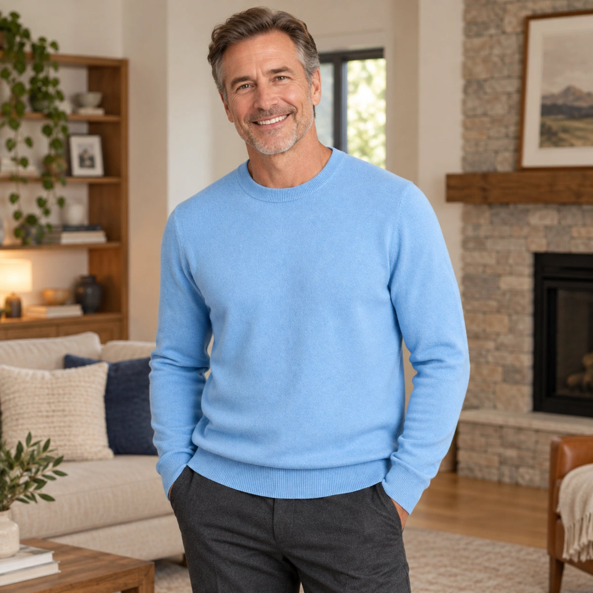 fall sweater — Alexander Classic Crewneck Knit Sweater Light Blue neckline support worn by an adult model in a — view 9