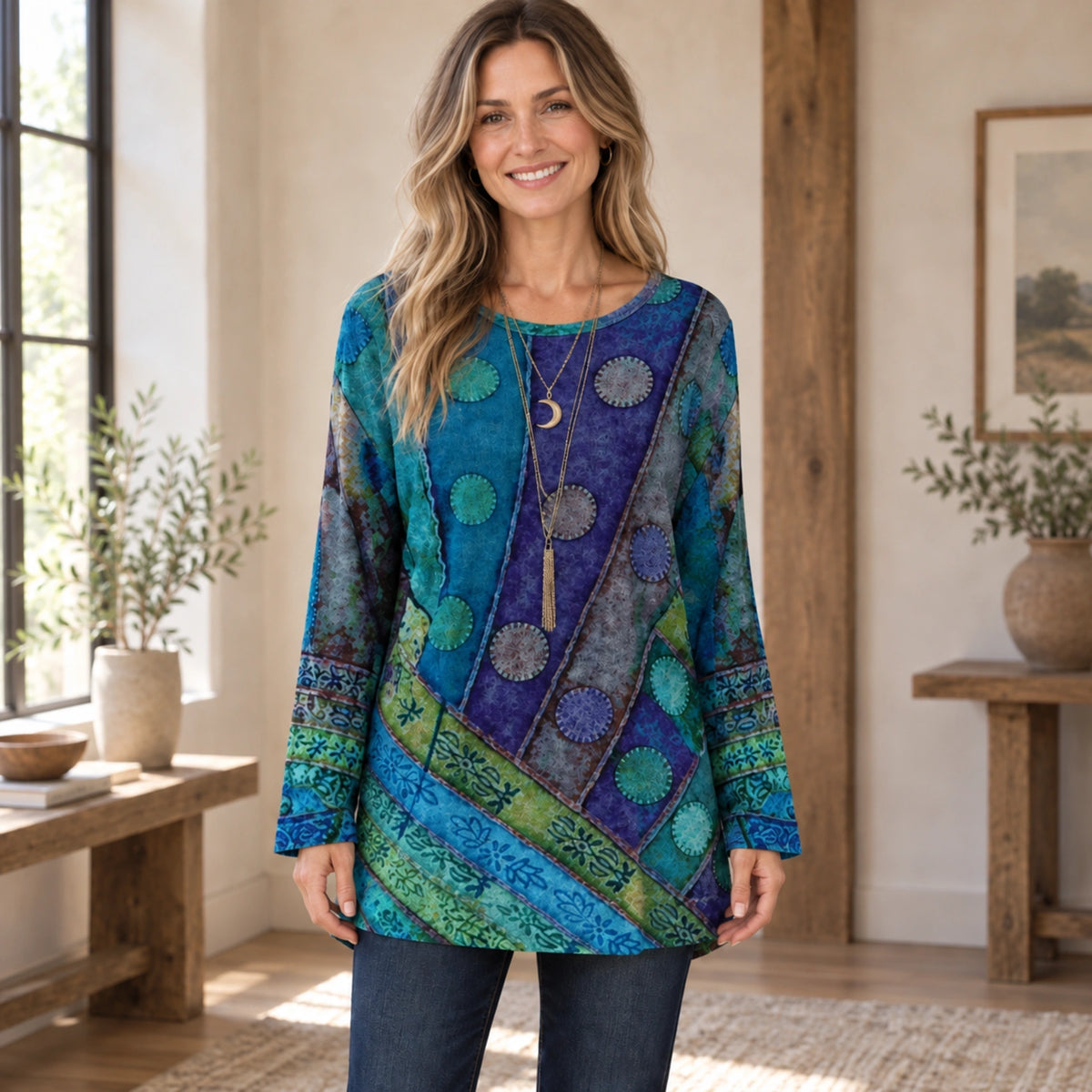 fall sweater — Audrey Blue front worn by an adult model in a realistic setting, complete garment visible