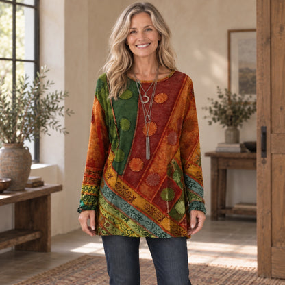 fall sweater — Audrey Green Red front worn by an adult model in a realistic setting, complete garment visible — view 2