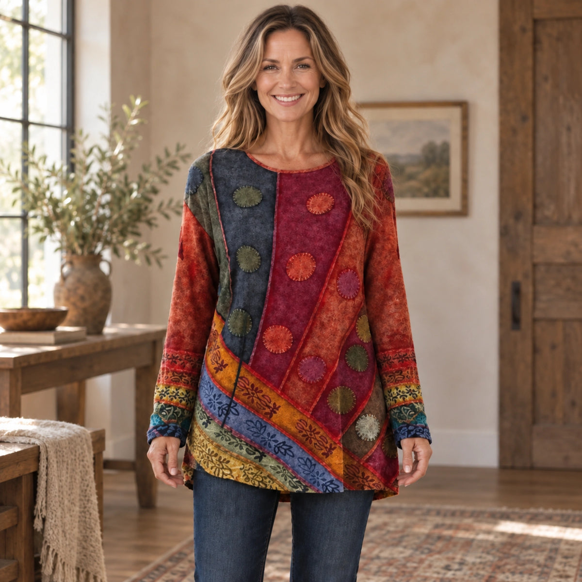 fall sweater — Audrey Gray Red front worn by an adult model in a realistic setting, complete garment visible — view 3