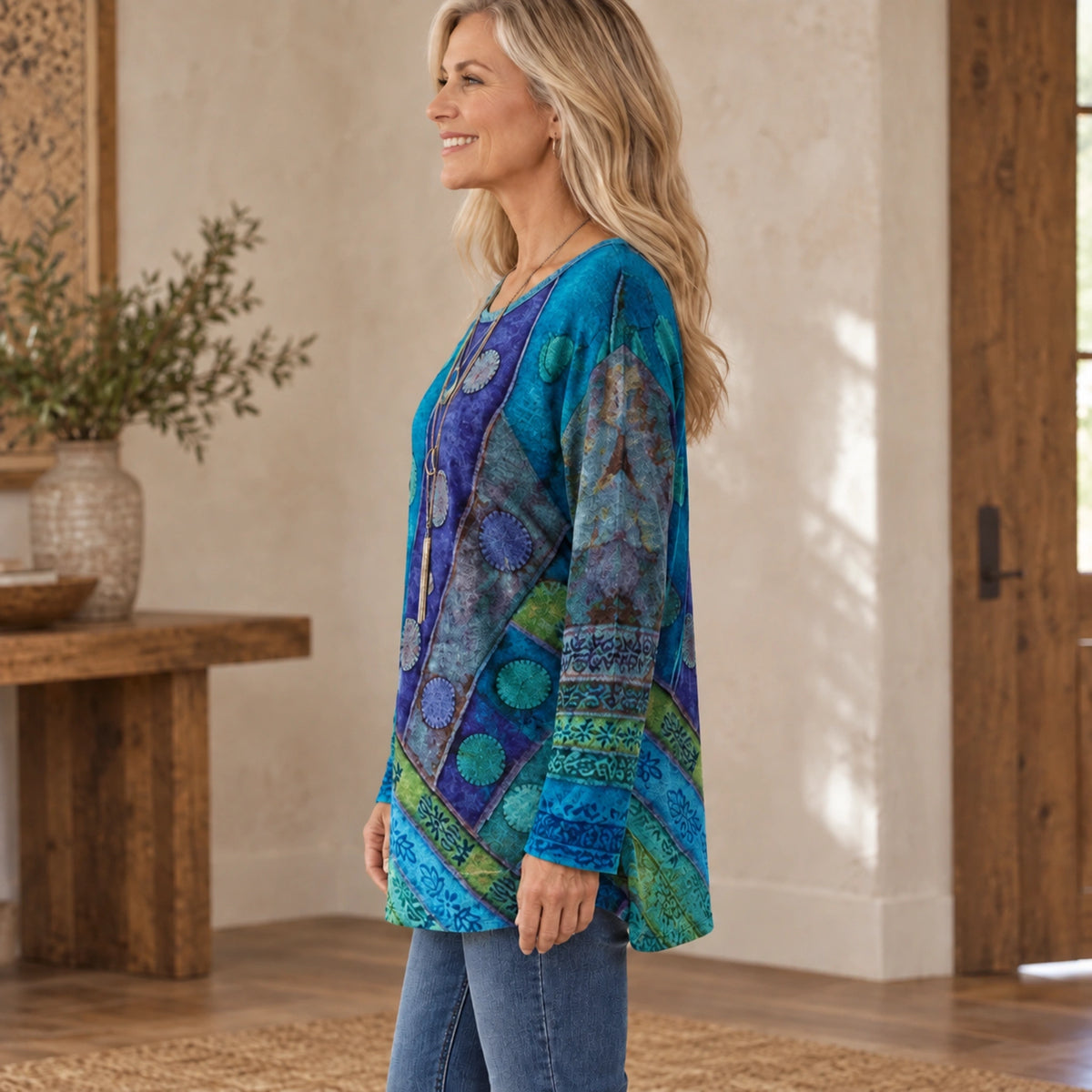 fall sweater — Audrey Blue side worn by an adult model in a realistic setting, complete garment visible — view 4