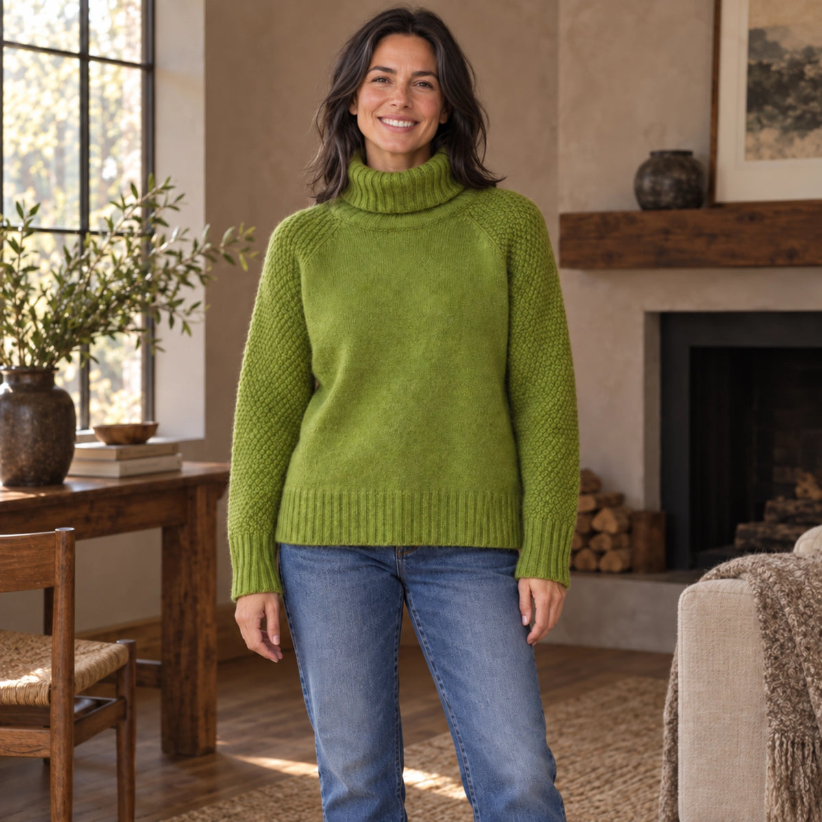 fall sweater — Chloe Green front worn by an adult model in a realistic setting, complete garment visible