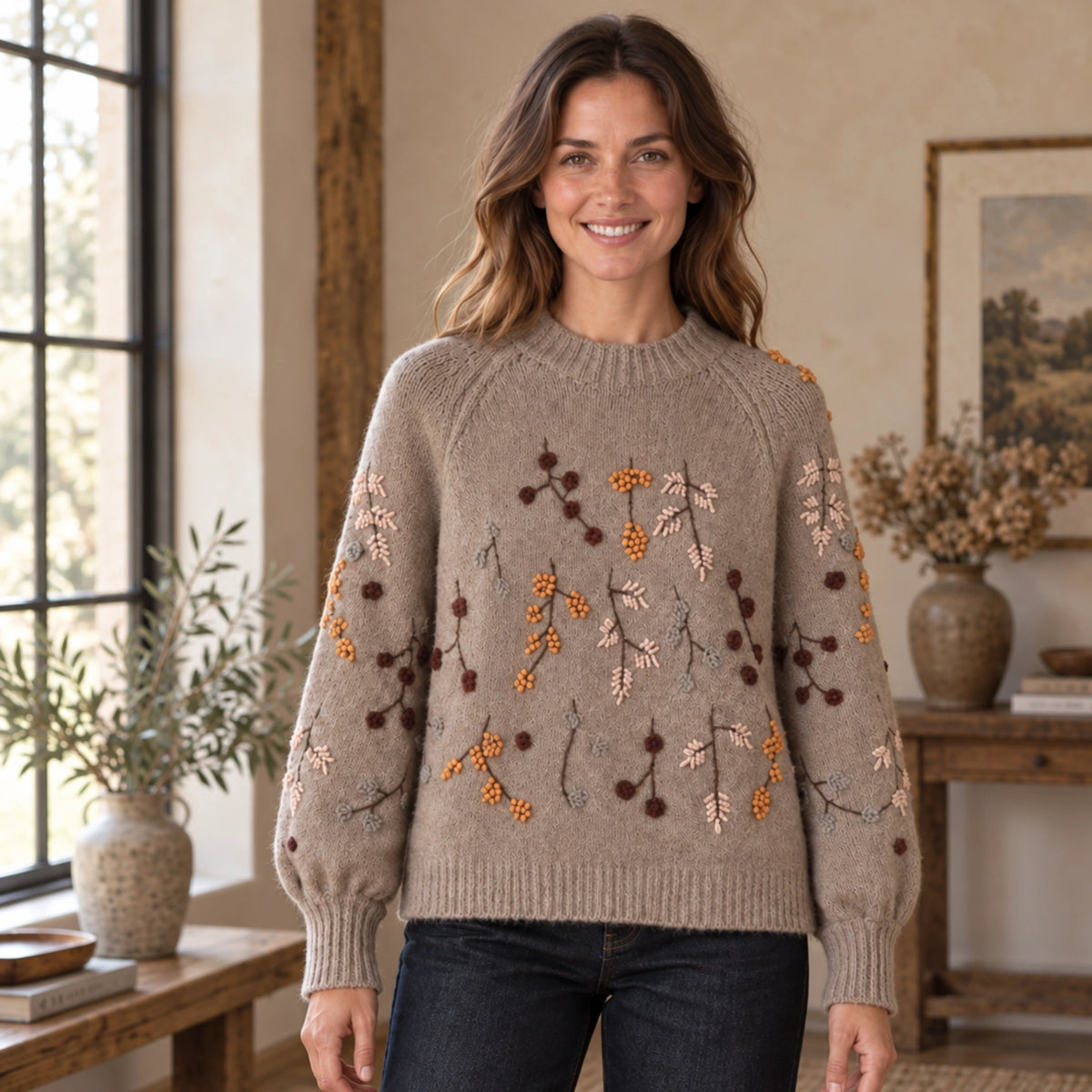 fall sweater — Claire Taupe front worn by an adult model in a realistic setting, complete garment visible