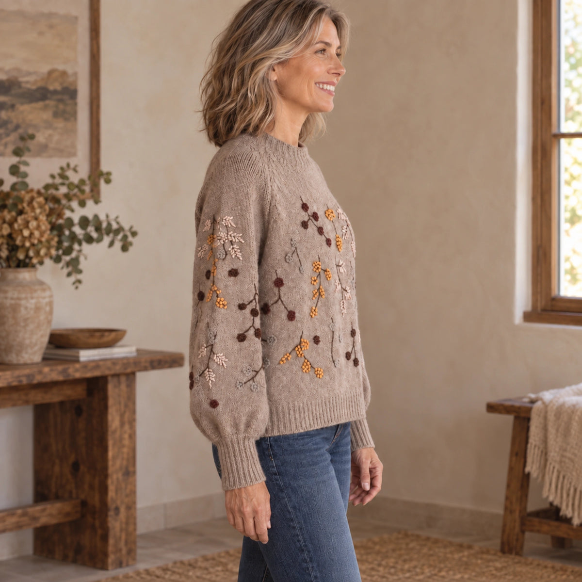 fall sweater — Claire Taupe side worn by an adult model in a realistic setting, complete garment visible — view 2