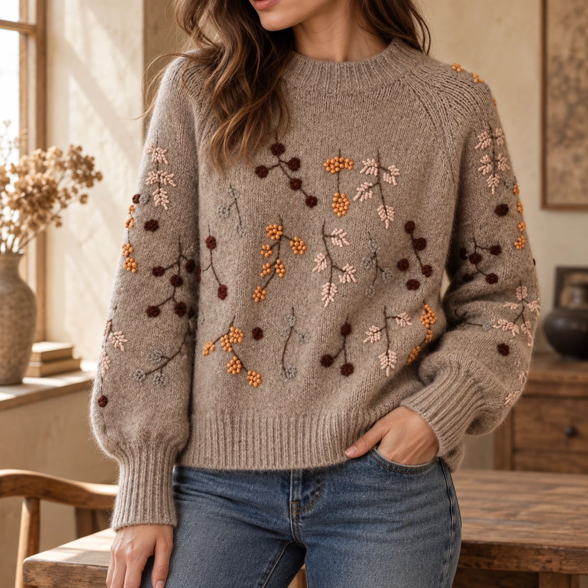fall sweater — Claire autumn Taupe — cuff detail worn by an adult model — view 4