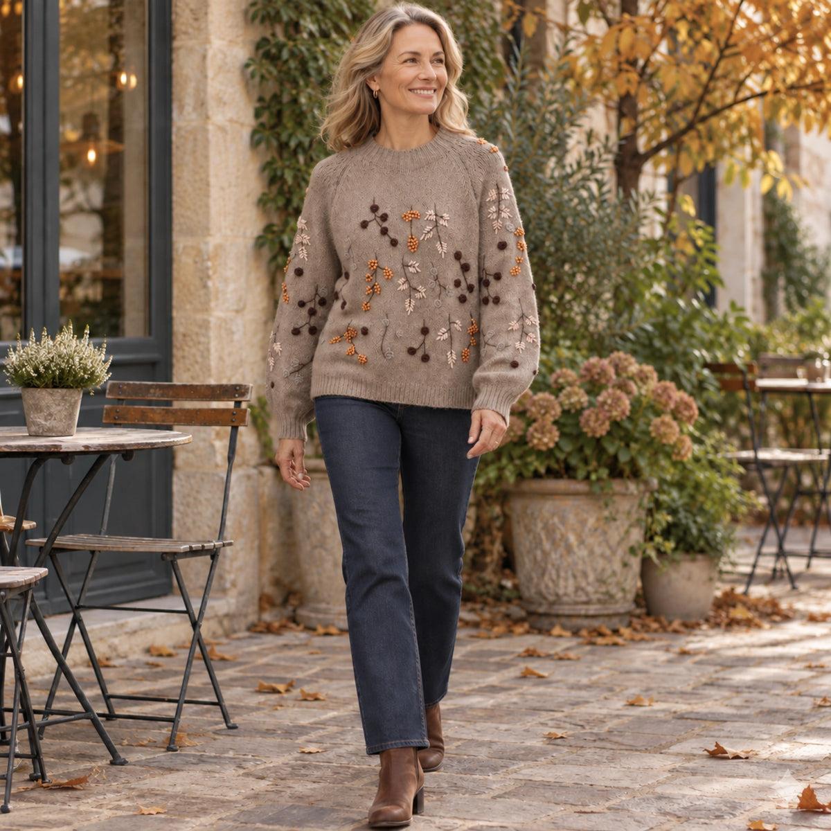 fall sweater — Claire Taupe worn by an adult model in a realistic setting, complete garment visible — view 5