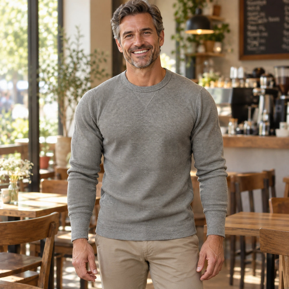 fall sweater — Elijah Textured Raglan Crewneck Sweater Gray front worn by a smiling adult model in realistic setting