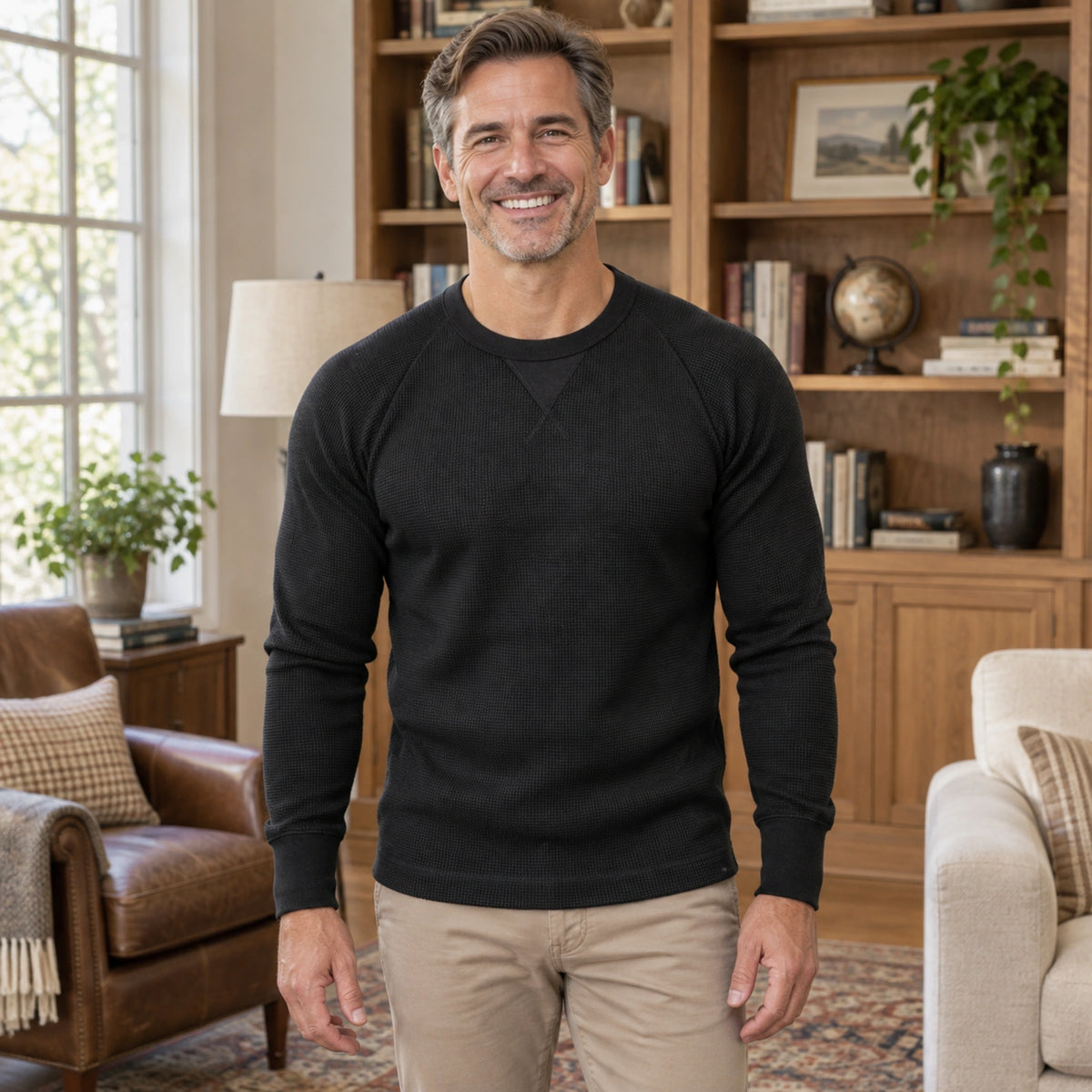 fall sweater — Elijah Textured Raglan Crewneck Sweater Black front worn by a smiling adult model in realistic — view 3