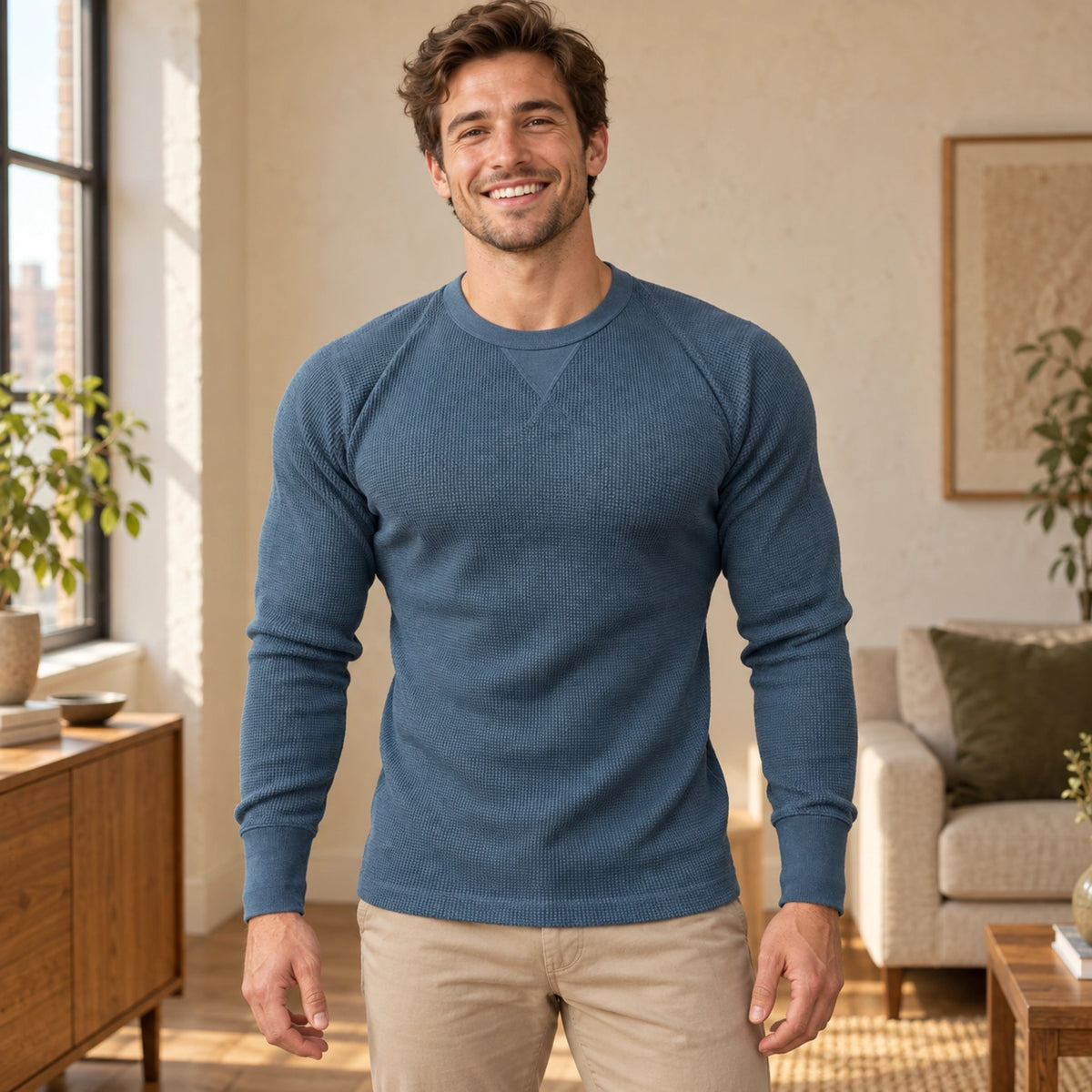 fall sweater — Elijah Textured Raglan Crewneck Sweater Blue front worn by an adult model in a realistic setting — view 4