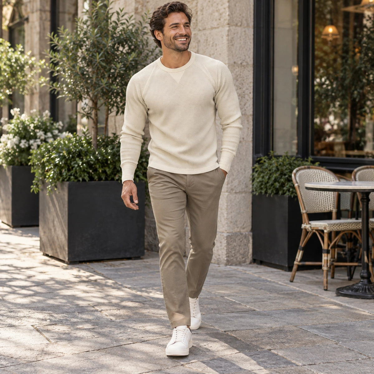 fall sweater — Elijah Textured Raglan Crewneck Sweater Beige worn by an adult model in a realistic setting, complete — view 8