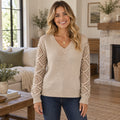 fall sweater — Ella V Neck Openwork Sleeve Knit Sweater Beige front worn by an adult model in a realistic setting, complete