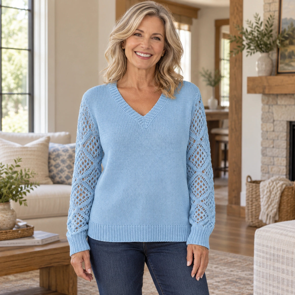 fall sweater — Ella V Neck Openwork Sleeve Knit Sweater Light Blue front worn by an adult model in a realistic — view 4