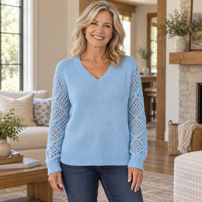 fall sweater — Ella V Neck Openwork Sleeve Knit Sweater Light Blue front worn by an adult model in a realistic — view 4