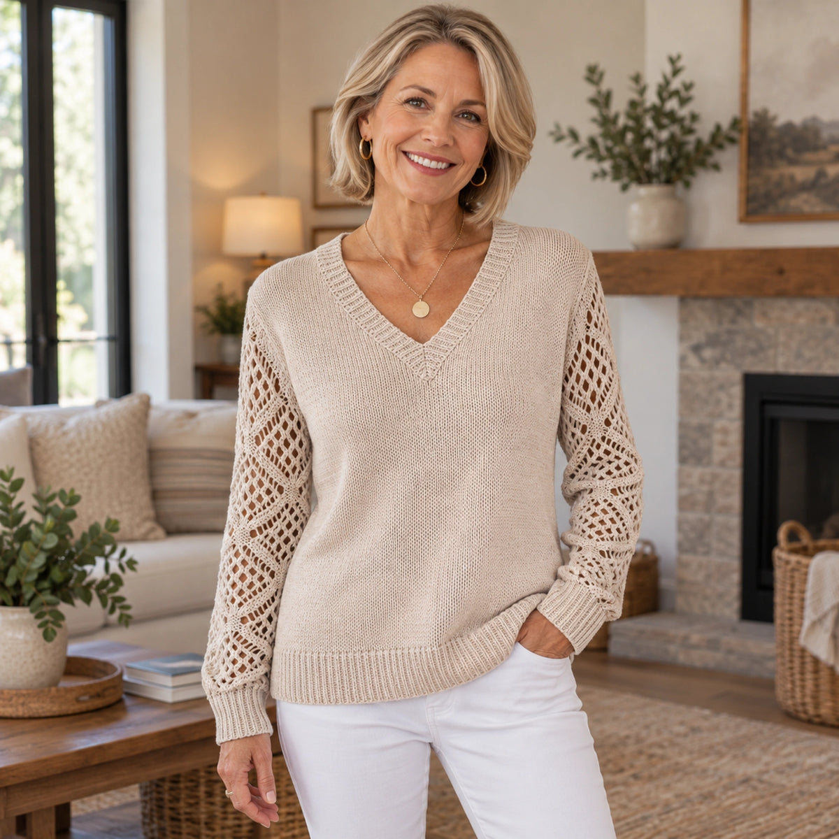 fall sweater — Ella V Neck Openwork Sleeve Knit Sweater Beige neckline support worn by an adult model in a realistic — view 7