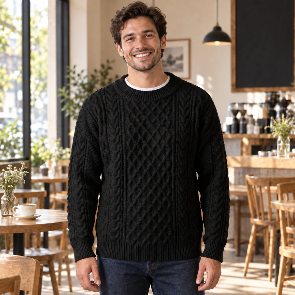 fall sweater — Ethan Cable Knit Crewneck Sweater Black front worn by a smiling adult model in realistic setting — view 2
