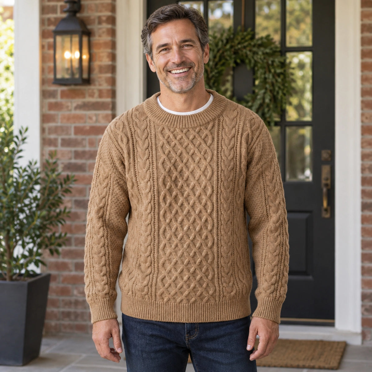 fall sweater — Ethan Cable Knit Crewneck Sweater Brown front worn by a smiling adult model in realistic setting — view 3