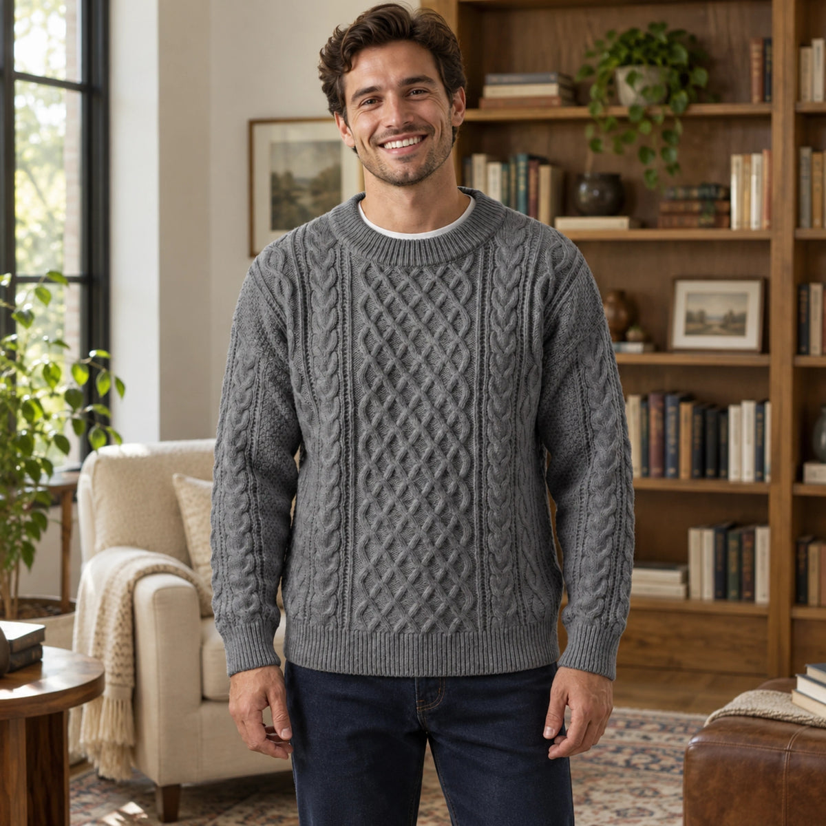 fall sweater — Ethan Cable Knit Crewneck Sweater Gray front worn by an adult model in a realistic setting, complete — view 4