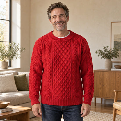fall sweater — Ethan Cable Knit Crewneck Sweater Red front worn by an adult model in a realistic setting, complete — view 5