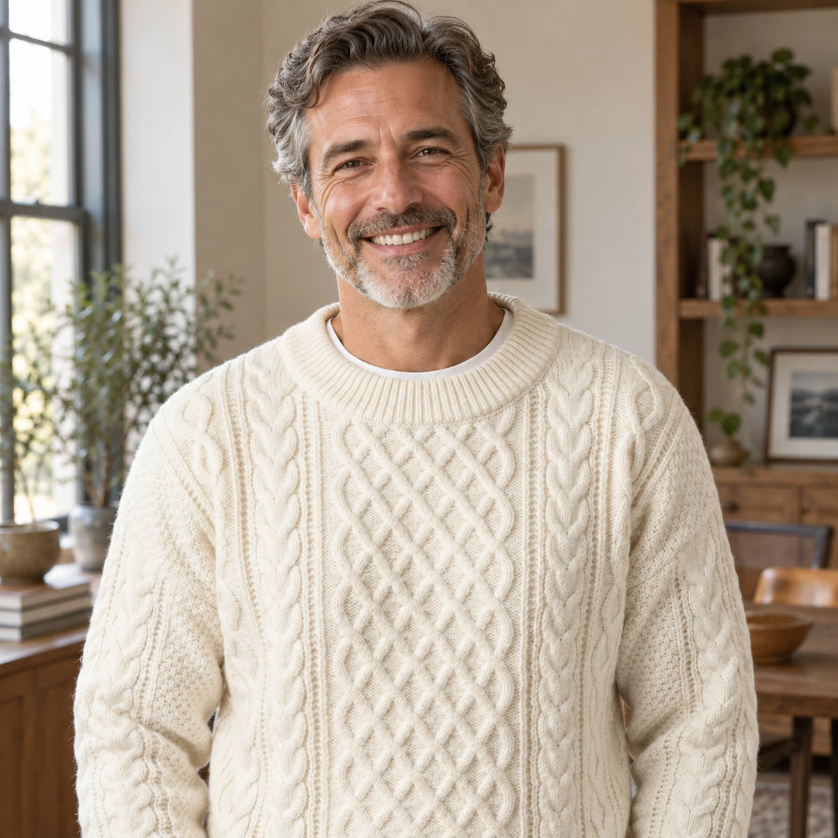 fall sweater — Ethan Cable Knit Crewneck Sweater White neckline support worn by an adult model in a realistic — view 7
