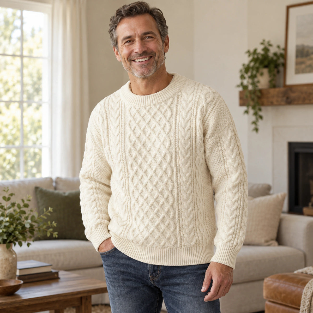 fall sweater — Ethan Cable Knit Crewneck Sweater White construction detail worn by an adult model in a realistic — view 8
