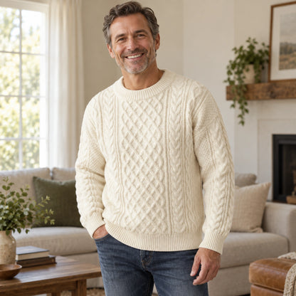 fall sweater — Ethan Cable Knit Crewneck Sweater White construction detail worn by an adult model in a realistic — view 8