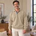 fall sweater — Ethan Relaxed Open Collar Knit Sweater Beige front worn by a smiling adult model in realistic setting