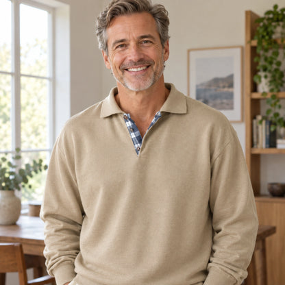 fall sweater — Ethan Relaxed Open Collar Knit Sweater Beige neckline support worn by an adult model in a realistic — view 11