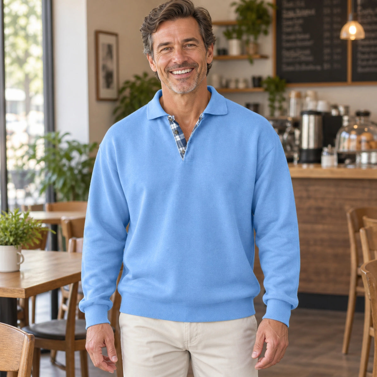 fall sweater — Ethan Relaxed Open Collar Knit Sweater Light Blue front worn by a smiling adult model in realistic — view 3