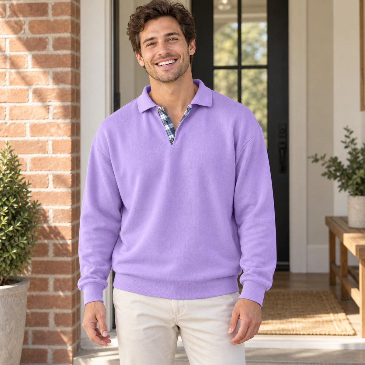 fall sweater — Ethan Relaxed Open Collar Knit Sweater Purple front worn by an adult model in a realistic setting — view 4