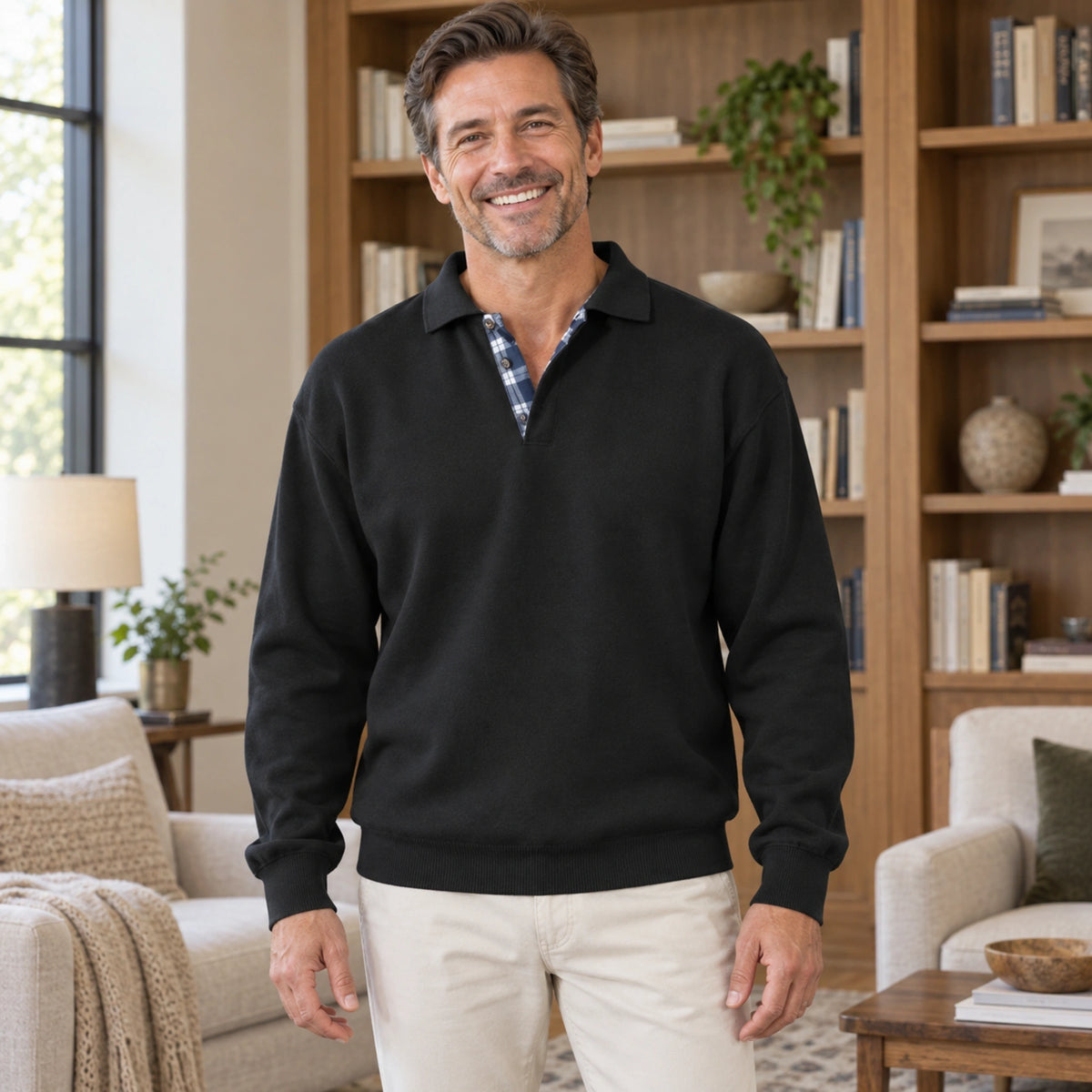 fall sweater — Ethan Relaxed Open Collar Knit Sweater Black front worn by an adult model in a realistic setting — view 5